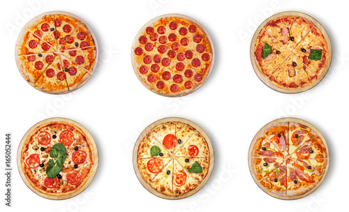 Six different pizza set for menu. Six different pizza set for menu. Meat pizzas with 1-2)Pepperoni 3)Pizza Hawaii 4)With seafood 5) Margarita  6) Pizza Pepperoni Peppers and Sausage