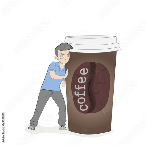 A little man is pushing a cup of coffee. Concept of coffee break. vector illustration.