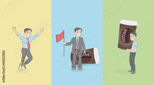 Success of a person after drinking coffee. vector illustration.