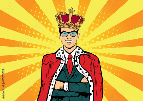 Business king. Businessman with crown. Man leader, success boss, human ego. Vector retro pop art comic drown illustration.