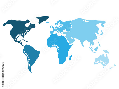 Multicolored world map divided to six continents in different colors - North America, South America, Africa, Europe, Asia and Australia Oceania. Simplified silhouette blank vector map with labels.