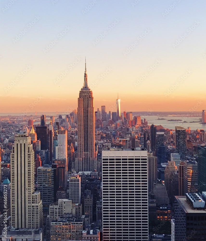New York skyline at sunset from Top of the Rock, Rockefeller Center in Manhattan