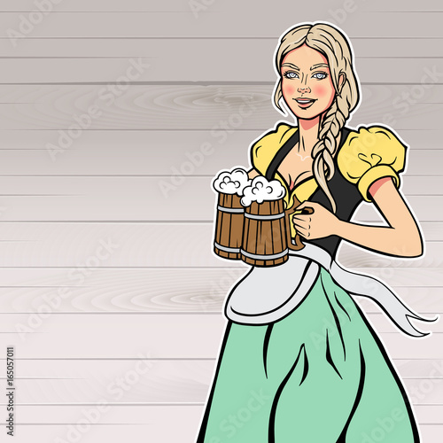 October fest waitress with beer mugs in hands. Vector bar menu background.