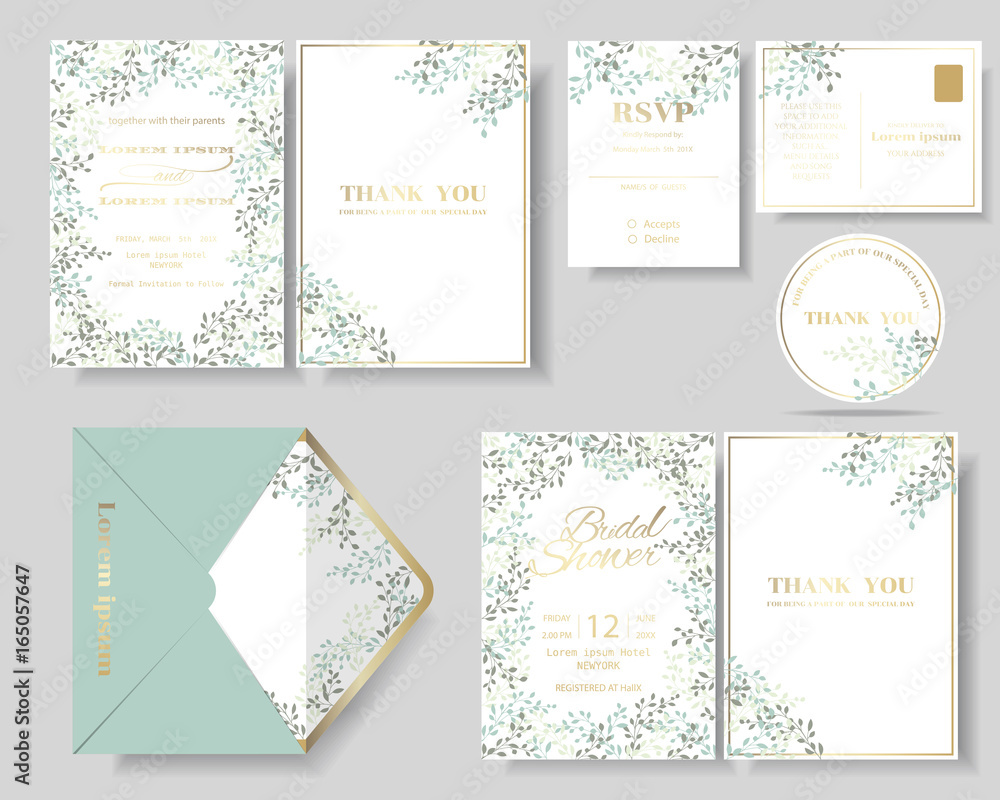 Set of botanical leaves wreath wedding invitation card.Green and mint color tone.Vector/Illustration