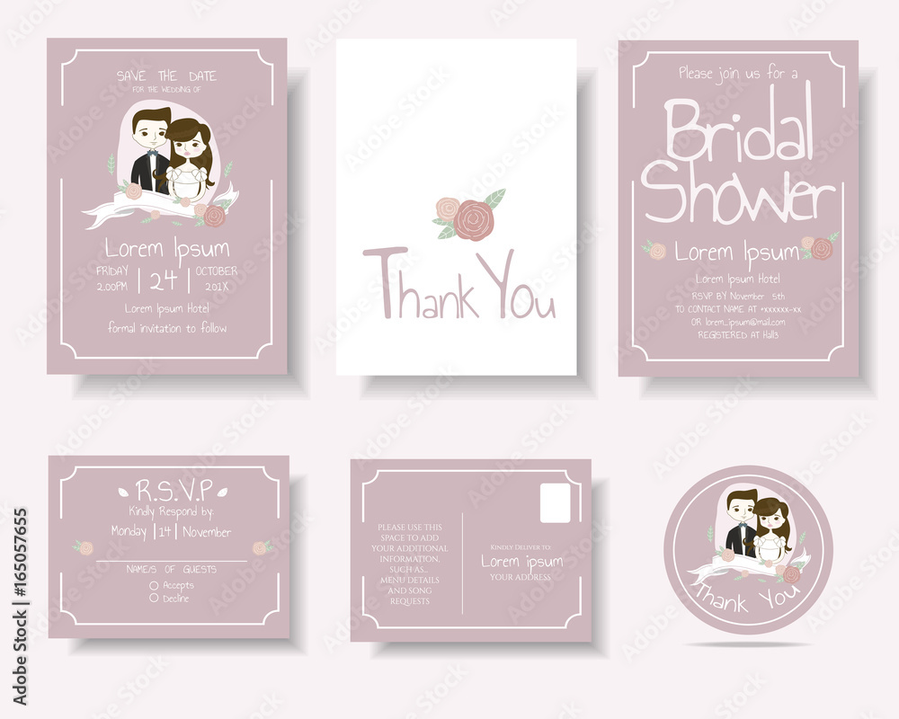 Set of Cartoon Couple Wedding Invitation Card.Rustic Concept.Vector/Illustration