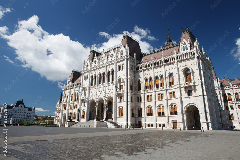 wide angle view of another side of the Hungarian parliament building. Budapest, Hungary
