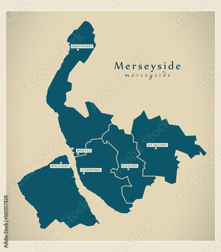 Modern Map - Merseyside metropolitan county with districts and cities UK England