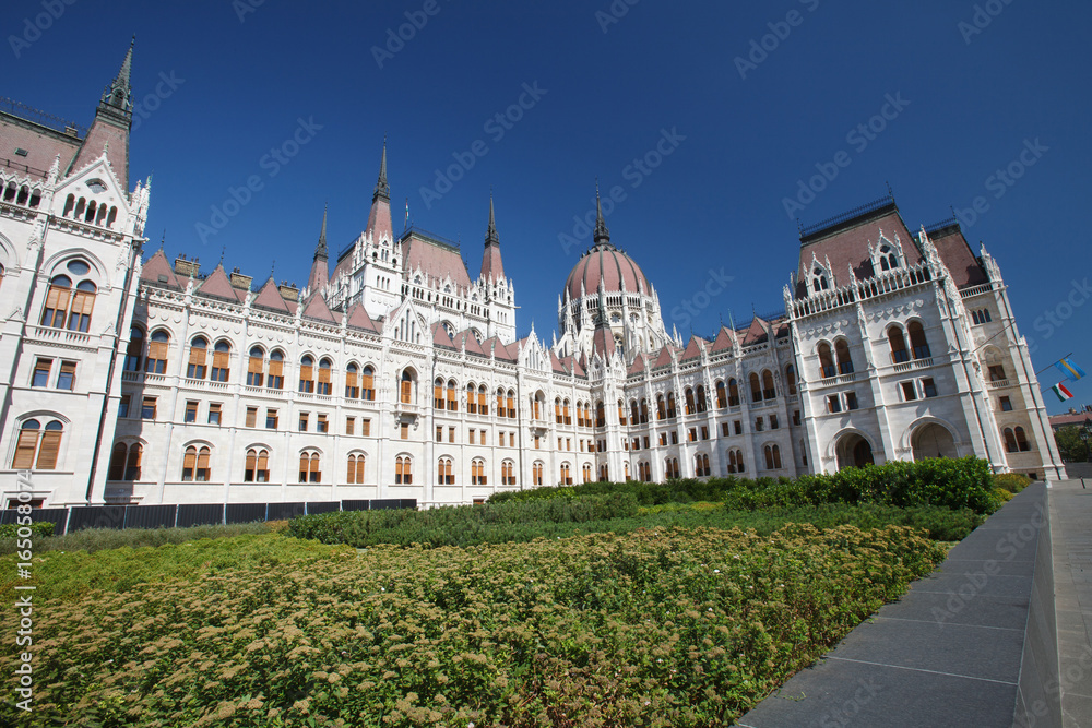 Daytime view of historical building of Hungarian Parliament, aka Orszaghaz, in Budapest, Hungary