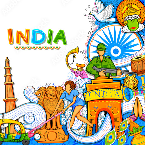 Indian background showing its incredible culture and diversity with monument, dance and festival celebration for 15th August Independence Day of India