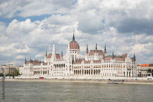 beautiful parliament building, the Danube River and the cloudy sky. Hungary