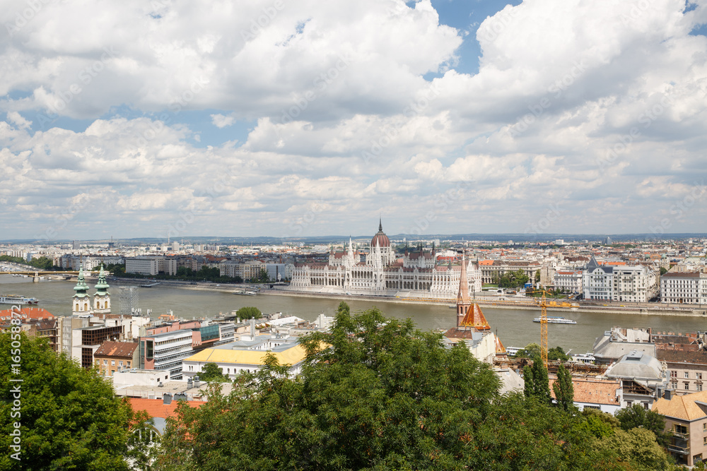 view of Budapest city in the day, the Hungarian parliament building and otherr buildings along Danube river