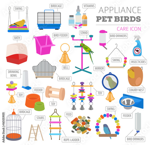 Pet appliance icon set flat style isolated on white. Birds care collection. Create own infographic about parrot, parakeet, canary, thrush, finch, jay bird, starling, amadina, siskin,  toucan, bunting
