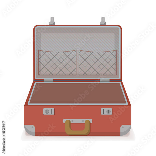 Open retro vintage suitcase for travel. Vector illustration, Isolated on white background. 