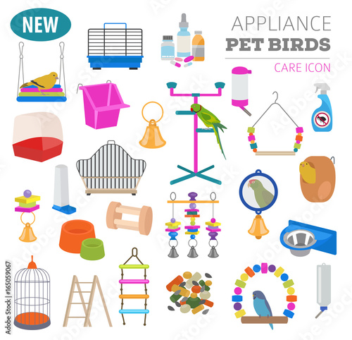 Pet appliance icon set flat style isolated on white. Birds care collection. Create own infographic about parrot  parakeet  canary  thrush  finch  jay bird  starling  amadina  siskin   toucan  bunting