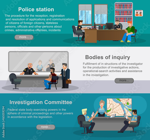 Flat horizontal banners with scenes of representatives of police officers. Department of inquiries, investigation committee, department for work with the population. Vector illustration.