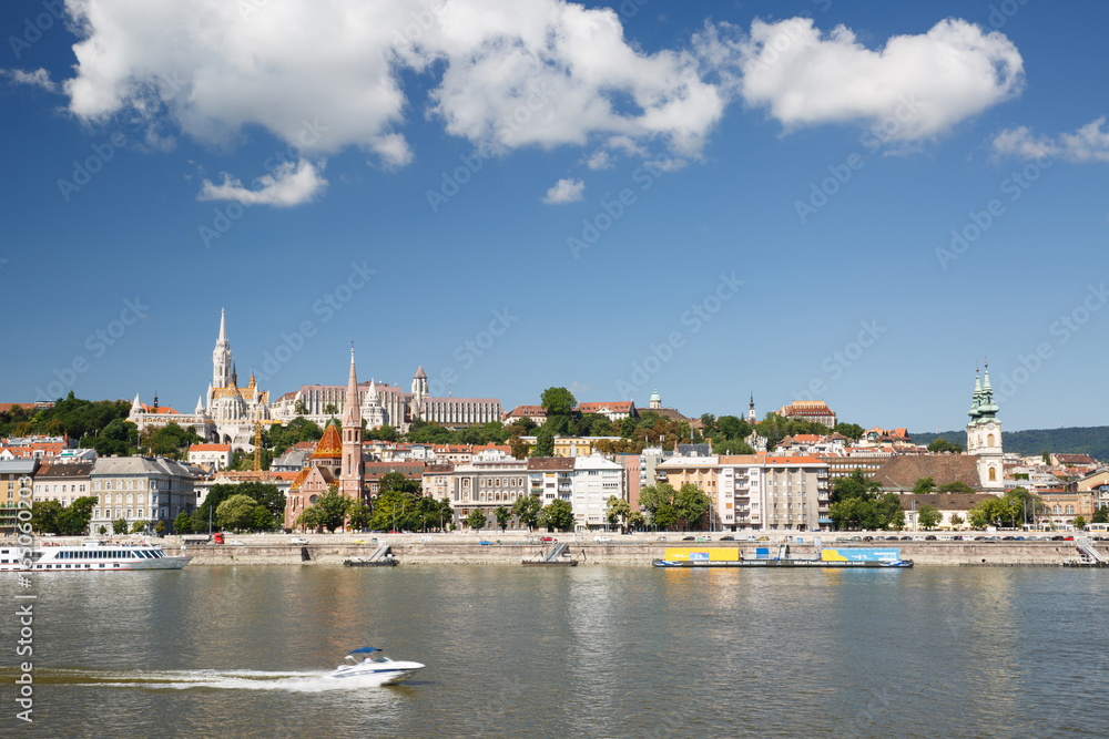 view across the River Danube towards the Fisherman's Bastion in Buda District on a summer