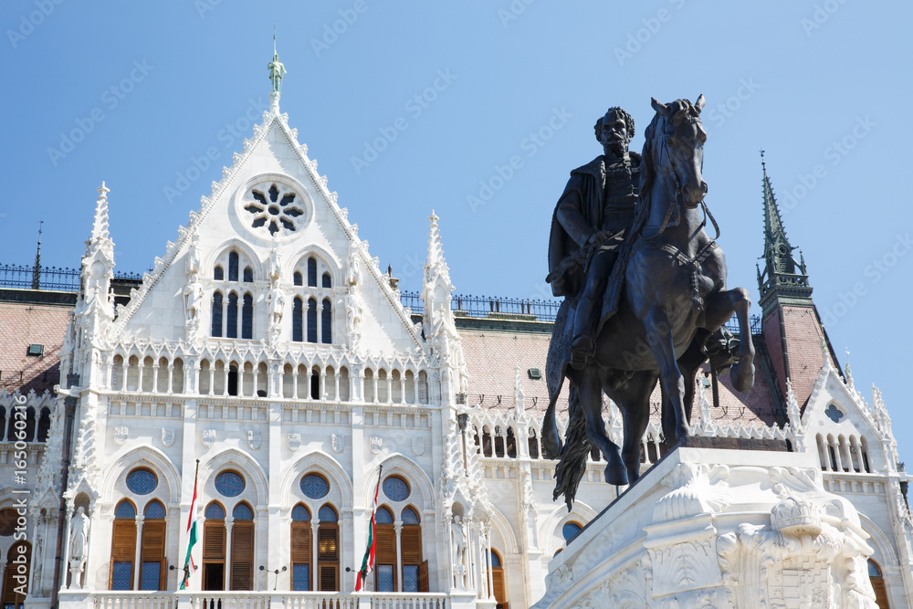 Fototapeta premium Statue Hungarian Prime Minister Count Gyula Andrassy situated outside the Hungarian Parliament