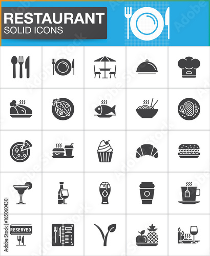 Restaurant vector icons set, modern solid symbol collection, filled style pictogram pack. Signs, logo illustration. Set includes icons as food, cutlery, menu, dishware, dessert, steak, drink, vegan