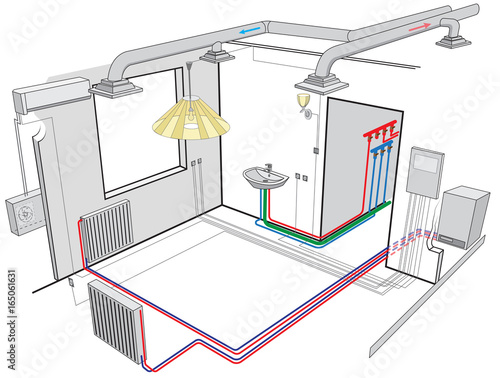 Vector isometric apartment cutaway.Indoor ventilation system and independent heating system in boiler-house