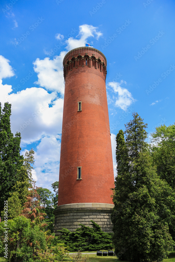 Red brick water tower of Lindley Warsaw Water Filters