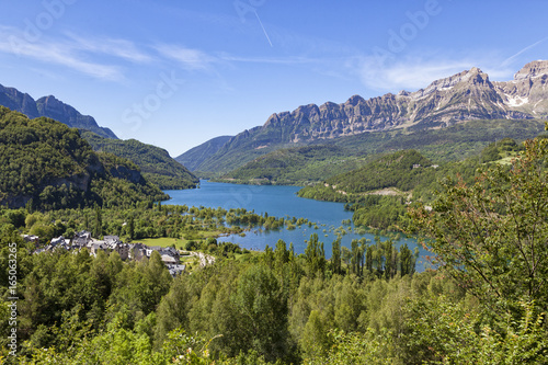 Mountain ridge and lake at the Spanish Pyrenees seen from Panticosa, Huesca, Alto Gallego, Aragon