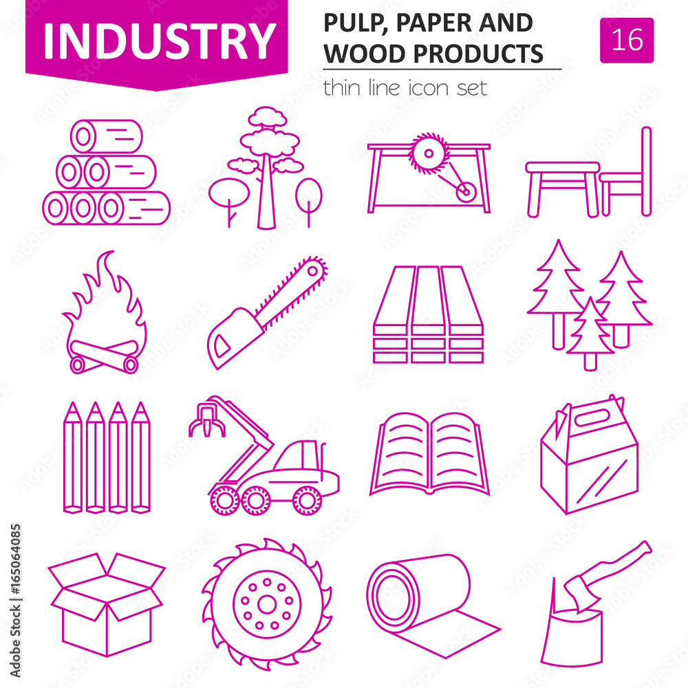 Pulp, paper and wood products icon set. Thin line design isolated on white. Create your industrial infographics collection Pulp, paper and wood products icon set. Thin line design isolated on white. Create your industrial infographics collection