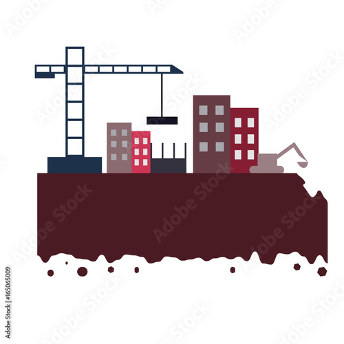 The city build by crane and excovator with high buildings and ground. Flat vector illustration