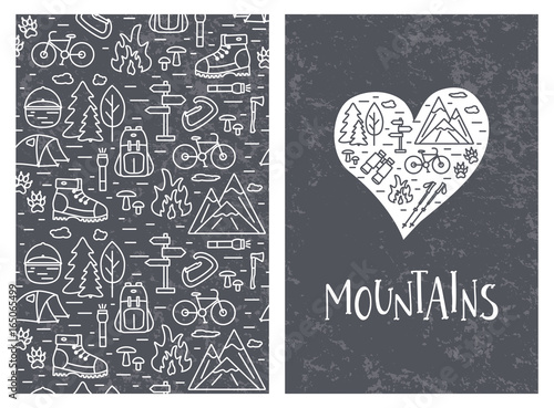 Set of outdoor card backgrounds with linear hiking icons and hand drawn lettering text. Line art travel concept for banners, invitations, posters and greeting cards design. Vector templates.