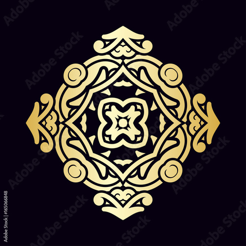 Golden ornamental abstract vintage logo on dark background. Template for design