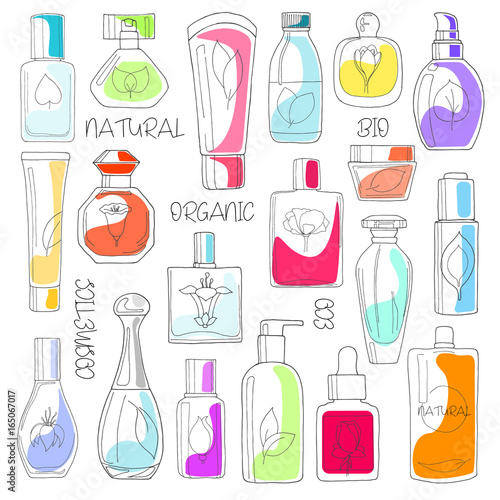 Set of cosmetics. Natural, eco, bio cosmetics isolated on white background.Vector illustration of a sketch style.