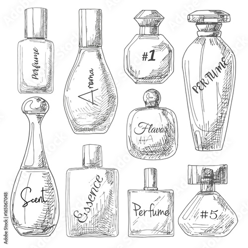 Set of different bottles of perfume. Vector illustration of a sketch style.