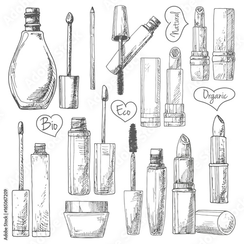 Set of make-up cosmetics. Lipsticks, mascara, cream isolated on white background. Vector illustration of a sketch style.