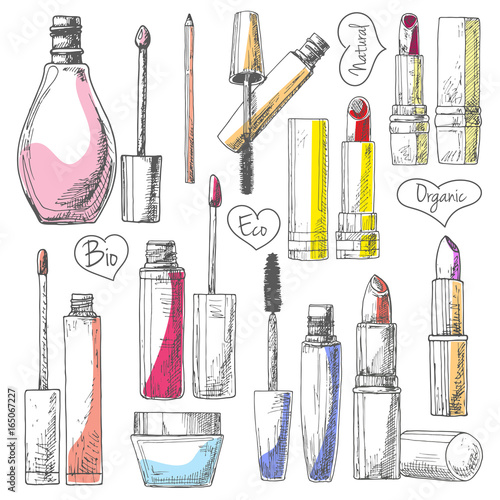Set of make-up cosmetics. Lipsticks, mascara, cream isolated on white background.Vector illustration of a sketch style.