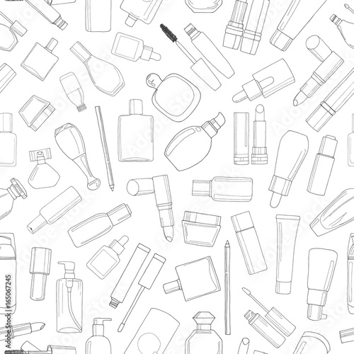 Seamless pattern with cosmetics. Lipsticks, mascara, cream. Vector illustration of a sketch style.
