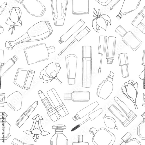Seamless pattern with cosmetics. Lipsticks, mascara, cream. Vector illustration of a sketch style.