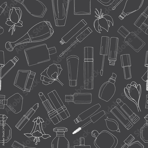 Seamless pattern with cosmetics. Lipsticks, mascara, cream. Vector illustration of a sketch style.