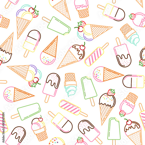 Ice cream seamless pattern on white background. Ice cream cone and strawberry, cherry, candies.