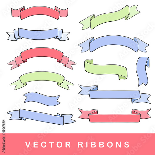 Hand drawn ribbons.Vector ribbon banners set on white background.