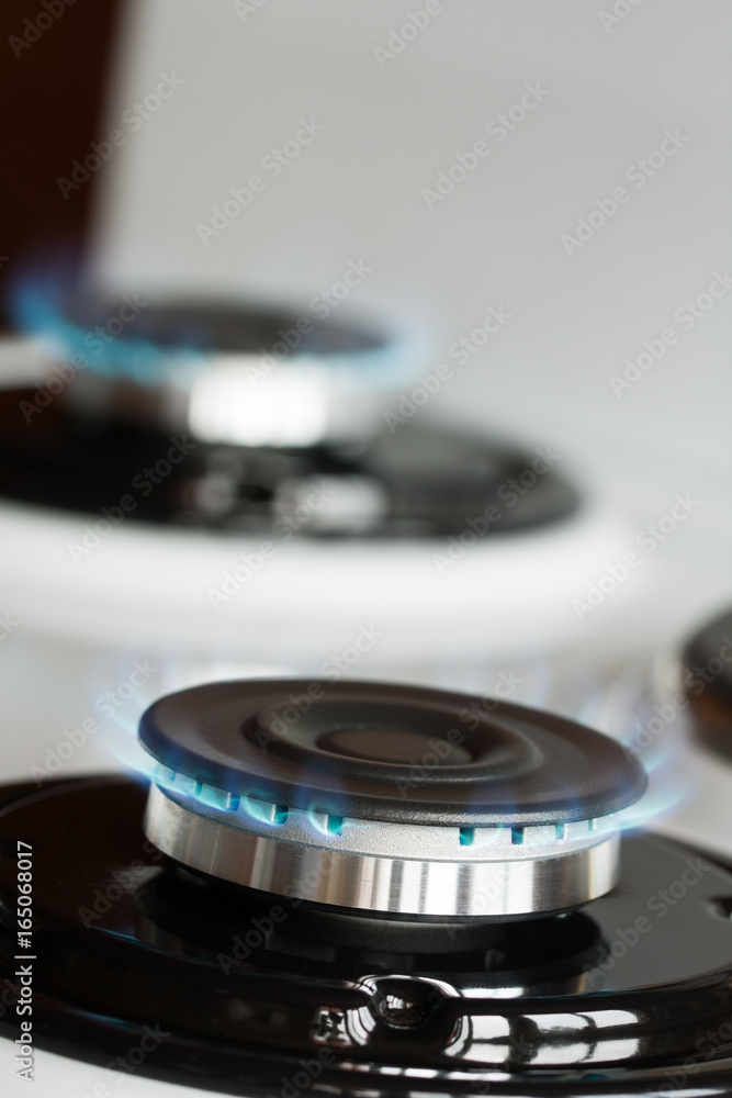 Propane Gas Burner Burn On Stove Close Up And Top View. Propane Gas Burner Burn On Stove Close Up And Top View.