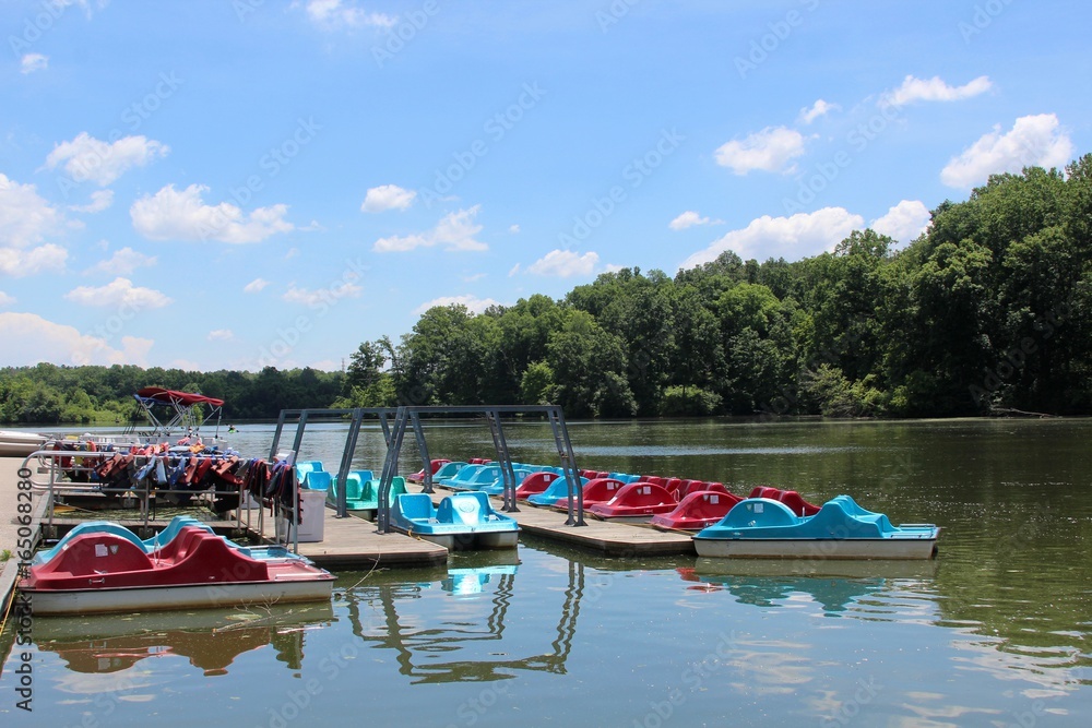 A view of the lake and the paddle boats in the park.