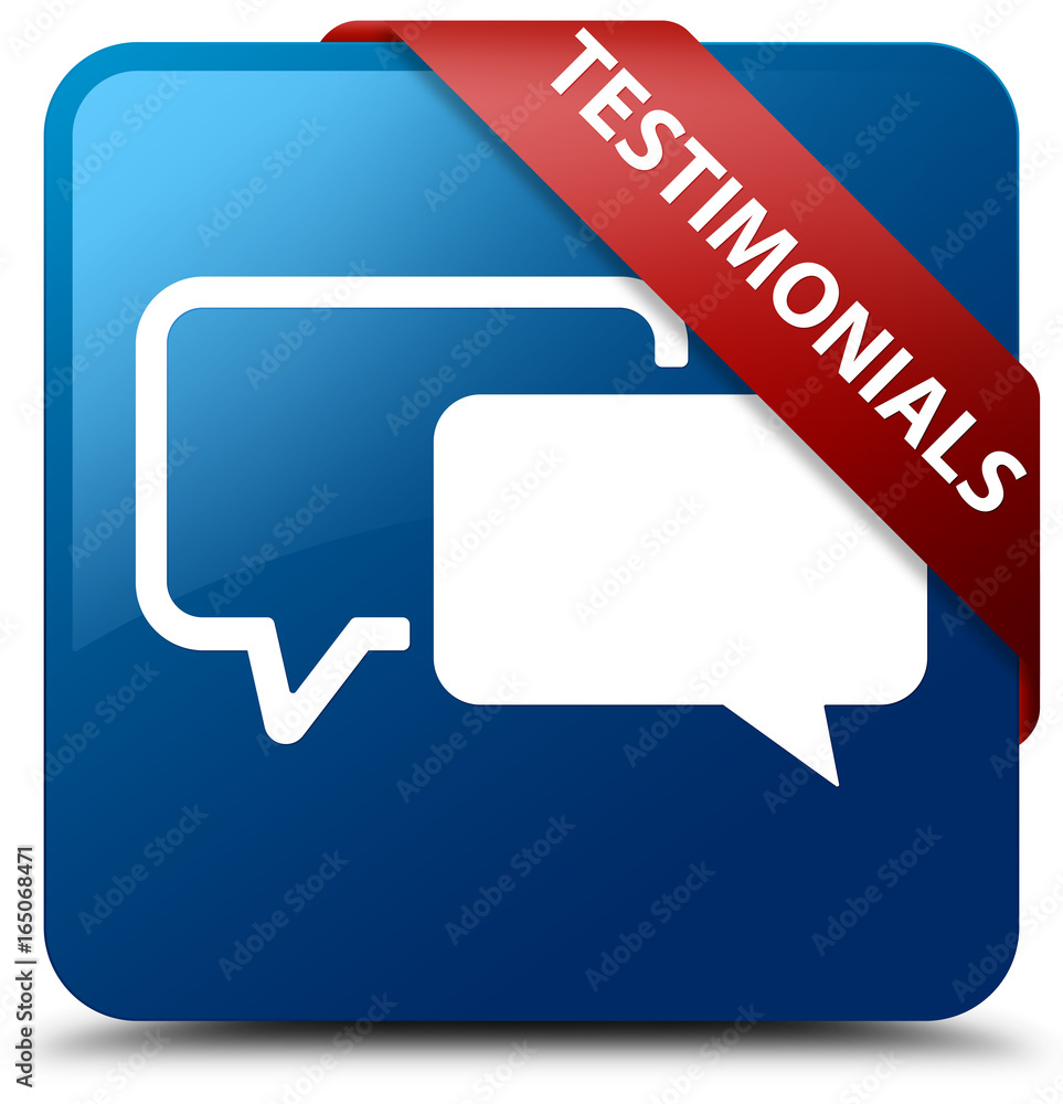 Testimonials blue square button red ribbon in corner Testimonials blue square button red ribbon in corner