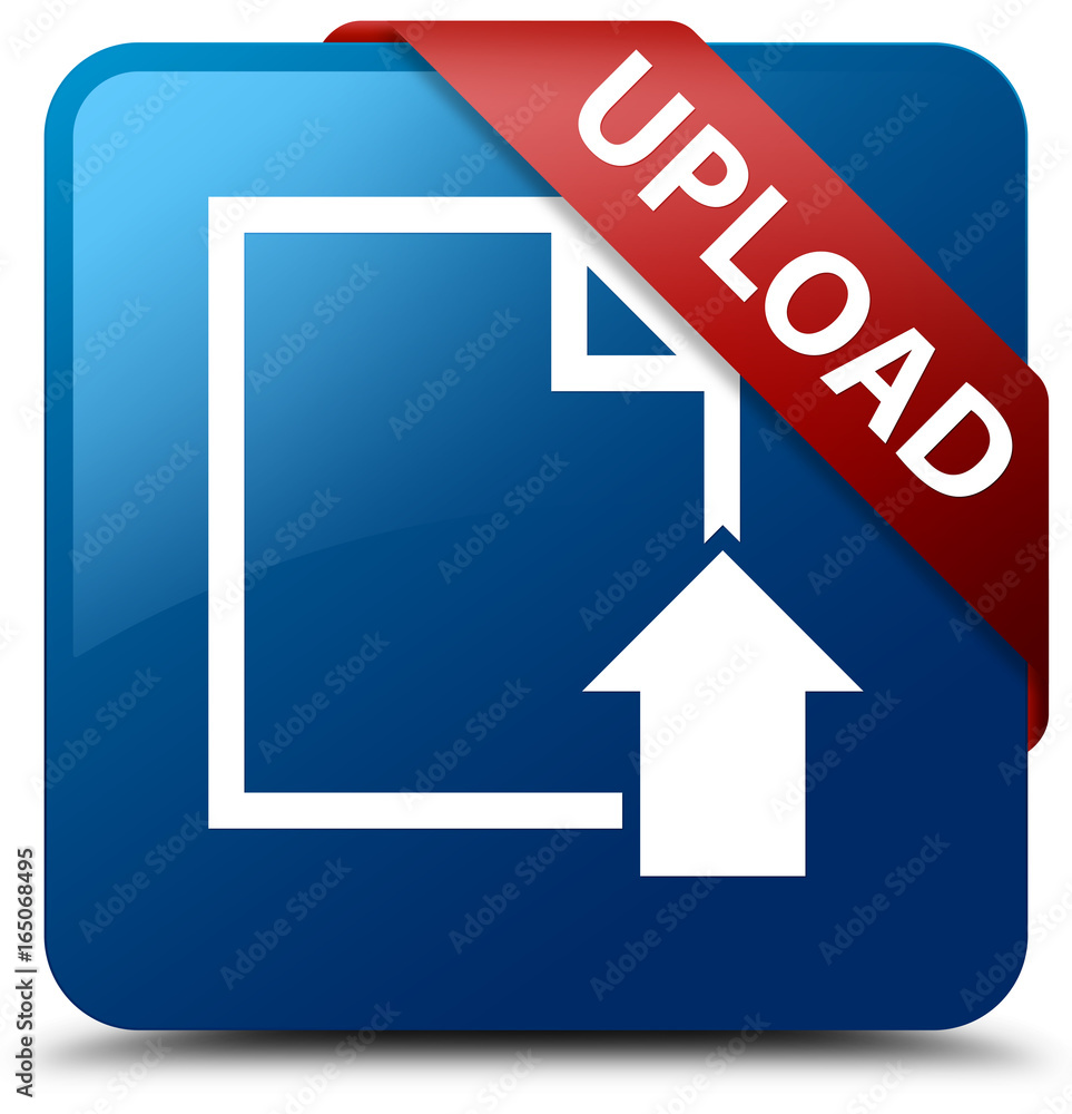 Upload (document icon) blue square button red ribbon in corner