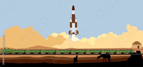 A rocket starting in Baiconur cosmodrom in Kazakhstan