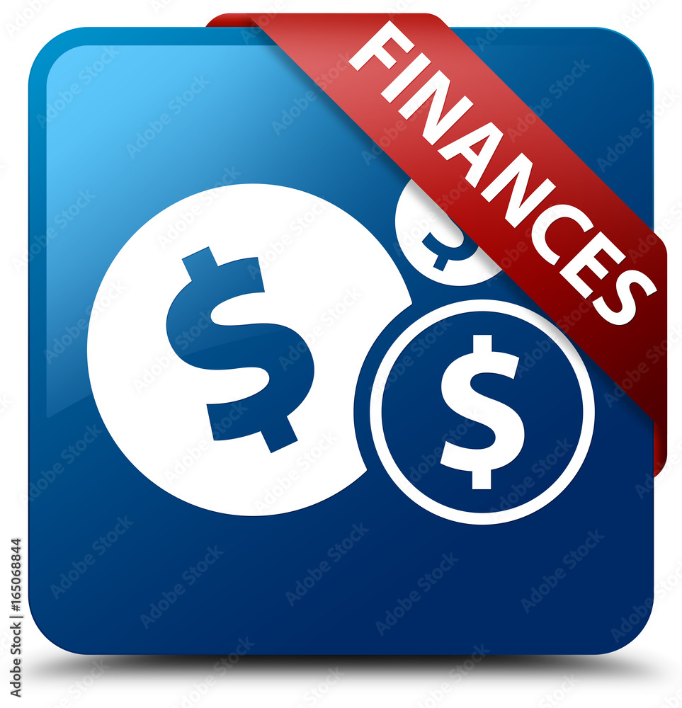 Finances (dollar sign) blue square button red ribbon in corner Finances (dollar sign) blue square button red ribbon in corner