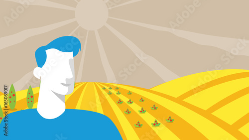 Men silhouette at the farming fields. Abstract Vector. Agrotourism. Agribusiness. Rural landscape. Design elements for info graphic, websites and print media. Vector illustration