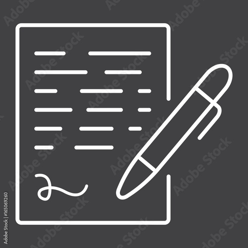 Pen signing line icon, business contract and signature, vector graphics, a linear pattern on a black background, eps 10.