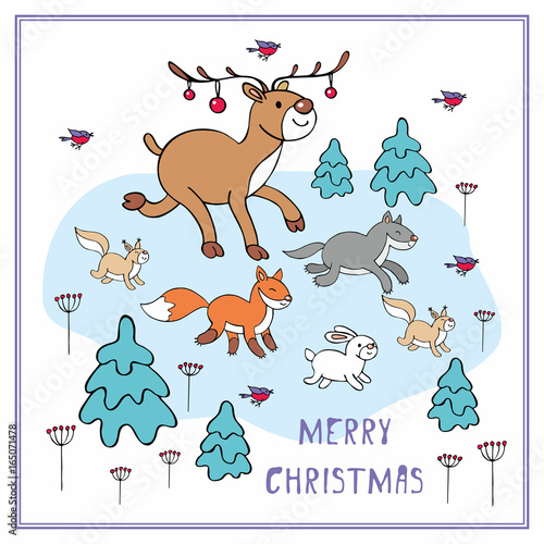 Cheerful Christmas greeting card with the image of a ridiculous deer and woodland animals.