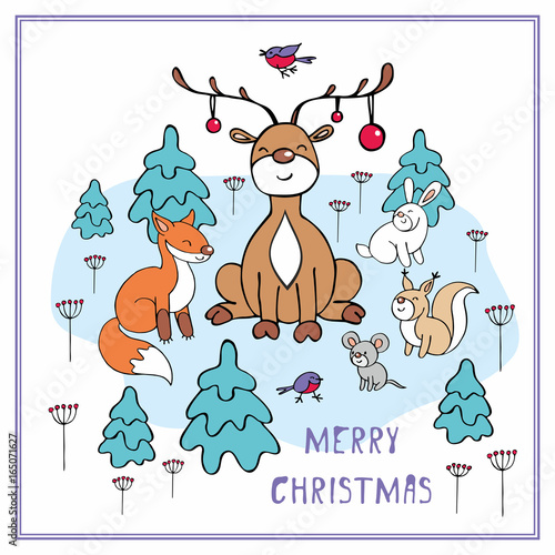 Cheerful Christmas greeting card with the image of a ridiculous deer and woodland animals.