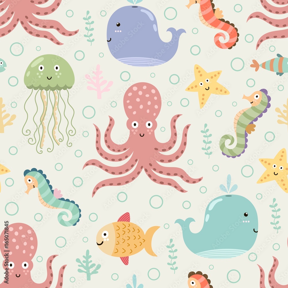 Obraz premium Underwater seamless pattern on light background. Funny vector illustration