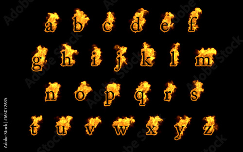 Fire alphabet isolated on black background, 3d illustration
